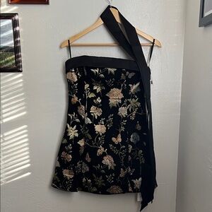 JACQUARD FLORAL BANDEAU A-LINE MINI DRESS WITH BOWKNOT SCARF CIDER